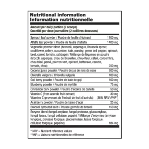 Nutritional information table for the Giving Greens supplement showing fiber, vitamins, and superfood content