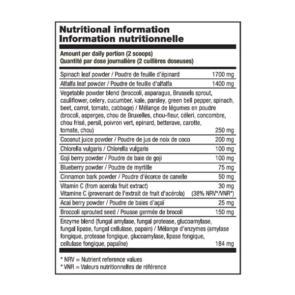 Nutritional information table for the Giving Greens supplement showing fiber, vitamins, and superfood content