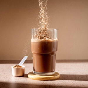 Glass containing Power Boost with a scoop placed next to it on the table