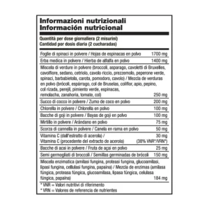 Tabla de valores nutricionales del complemento Giving Greens con información sobre fibras, vitaminas y superalimentos