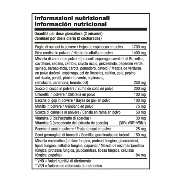 Tabla de valores nutricionales del complemento Giving Greens con información sobre fibras, vitaminas y superalimentos