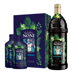Imagen del producto Tahitian Noni Original: botella de 1 litro, caja y dos sobres de 60 ml sobre fondo blanco