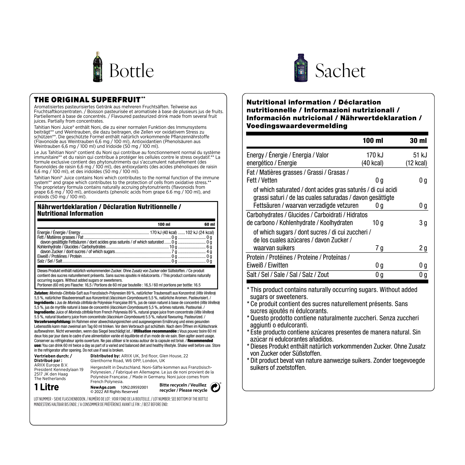 Étiquettes de Tahitian Noni Original en bouteille et en sachet : valeurs nutritionnelles, ingrédients et conseils d’utilisation