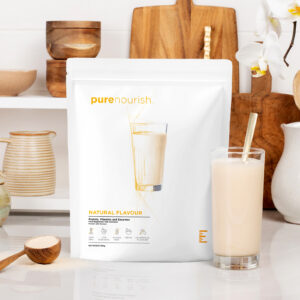 Image of the PureNourish product with a glass filled with a protein drink