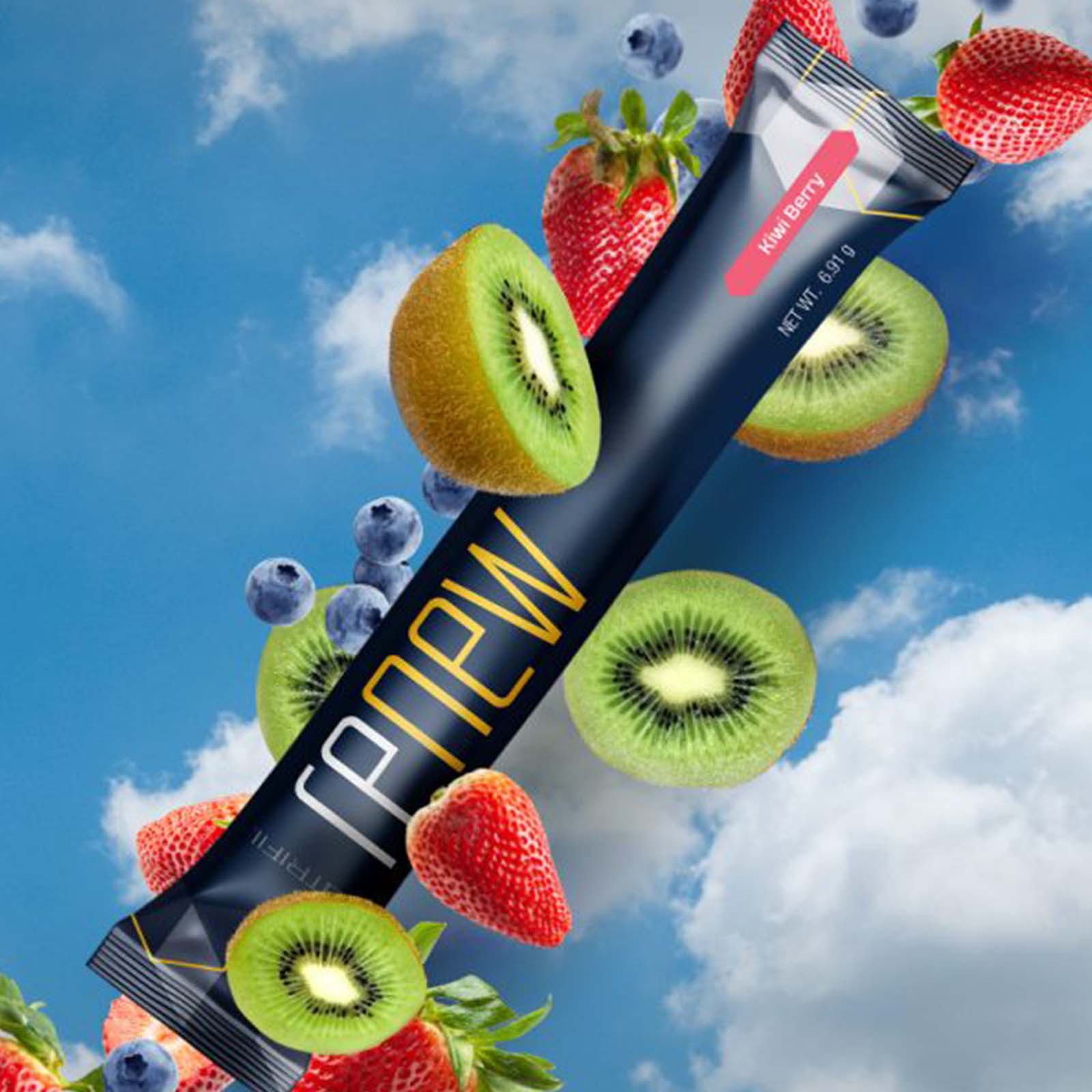 Renew™ Nutrifii stick with kiwi and mixed berry flavour surrounded by kiwis, strawberries and blueberries