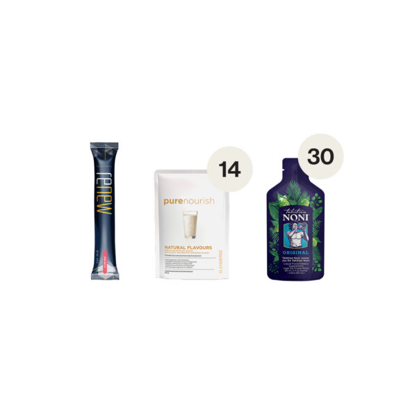 Pack Summer Restart. comprend : Renew + 14 Sachets de PureNourish + 30 push de Tahitian Noni