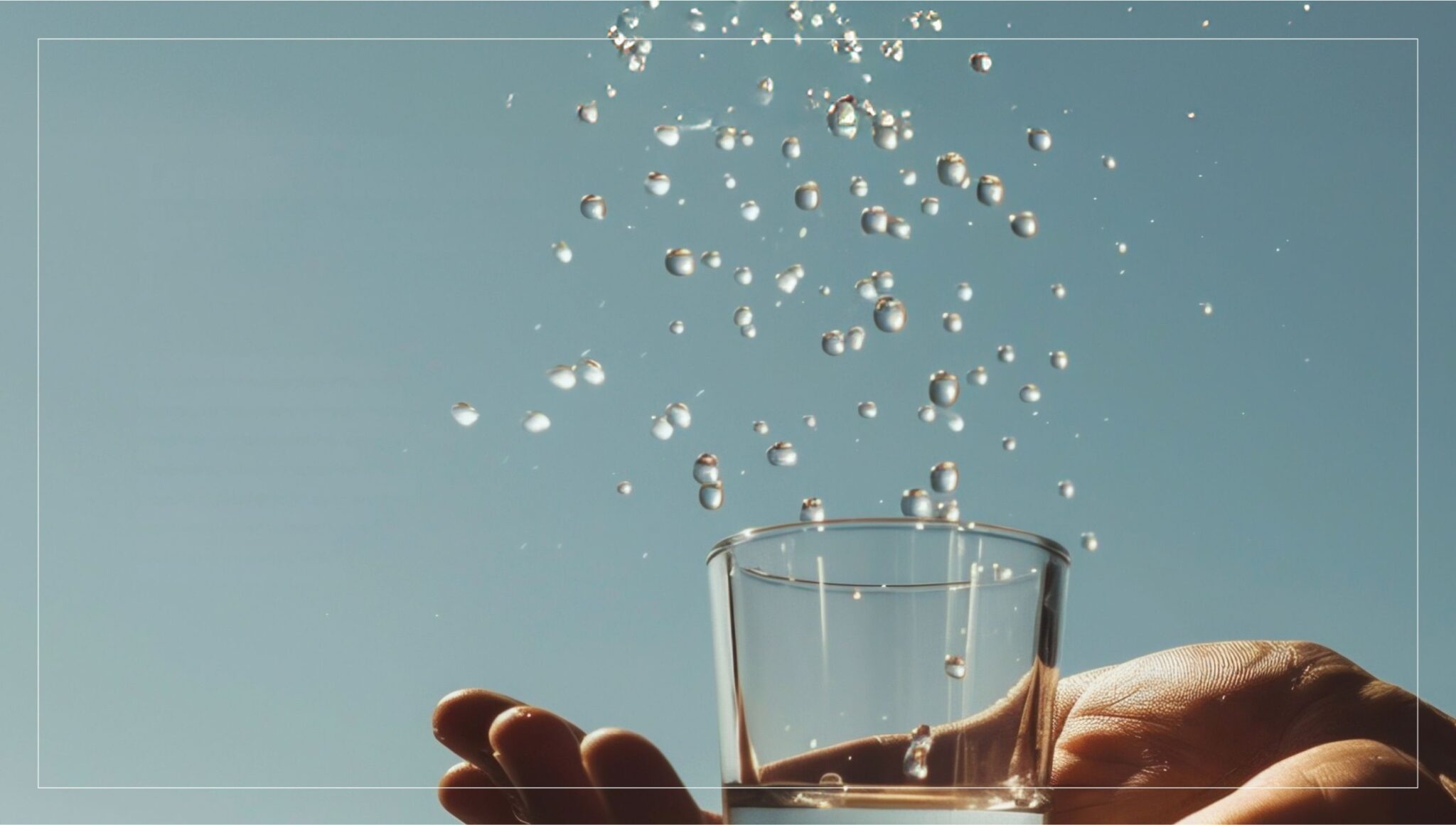 Main tenant un verre d’eau avec des gouttes en suspension – illustration de l’hydratation Max₂O