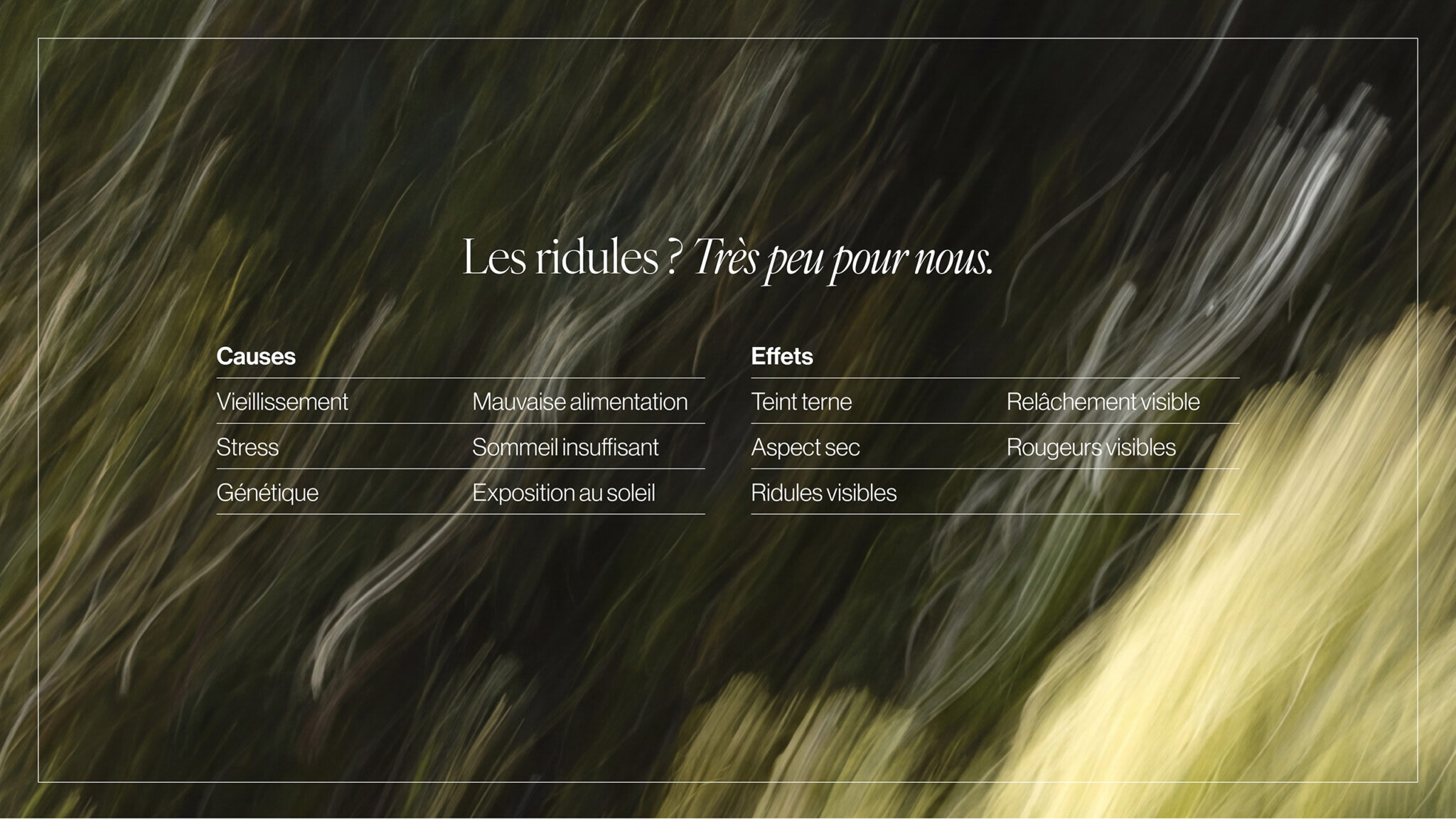 Infographie Co.Lab™ sur les causes et effets visibles des ridules et du vieillissement cutané