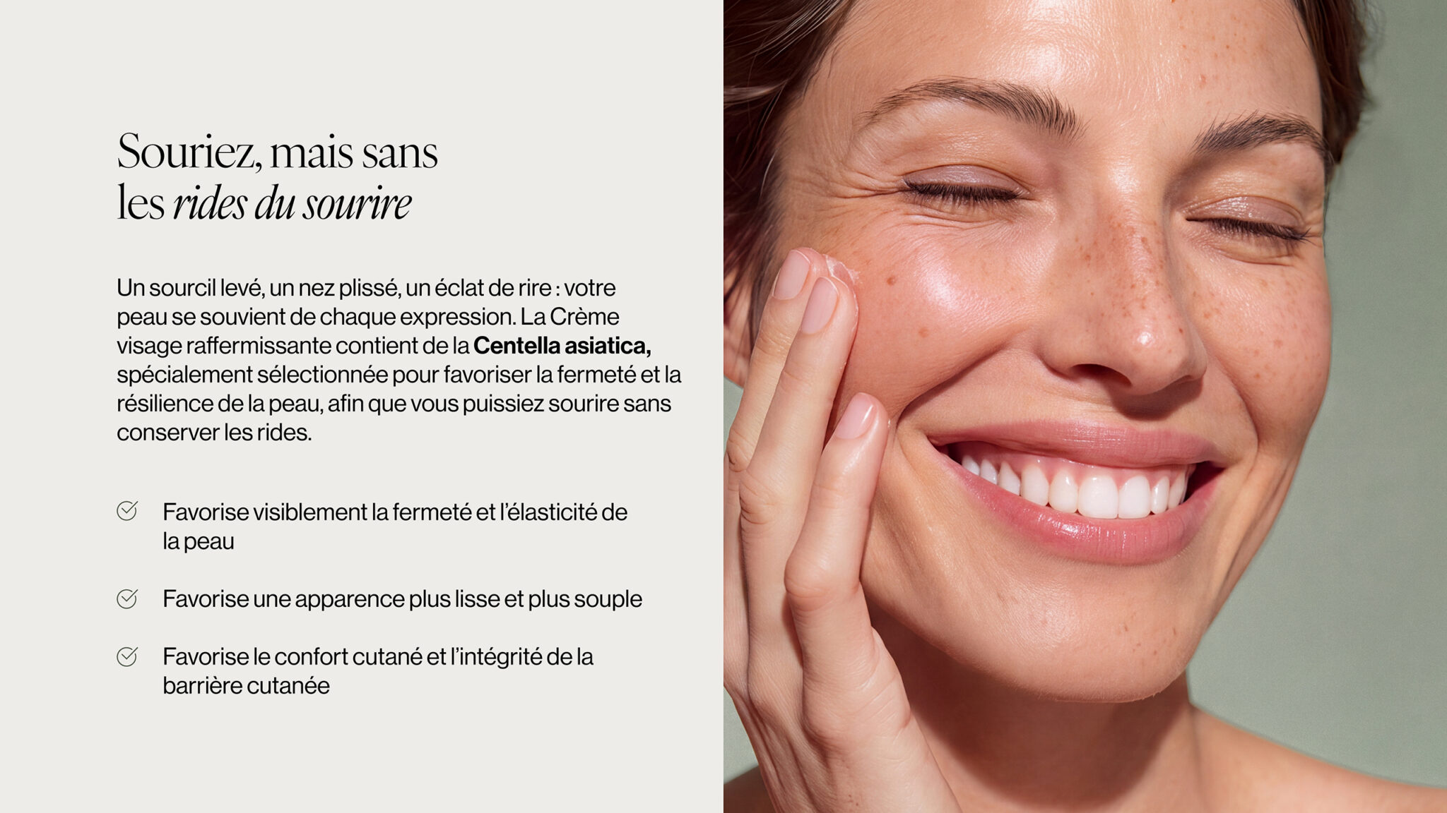 Femme souriante appliquant la crème visage raffermissante Co.Lab™ à la Centella asiatica