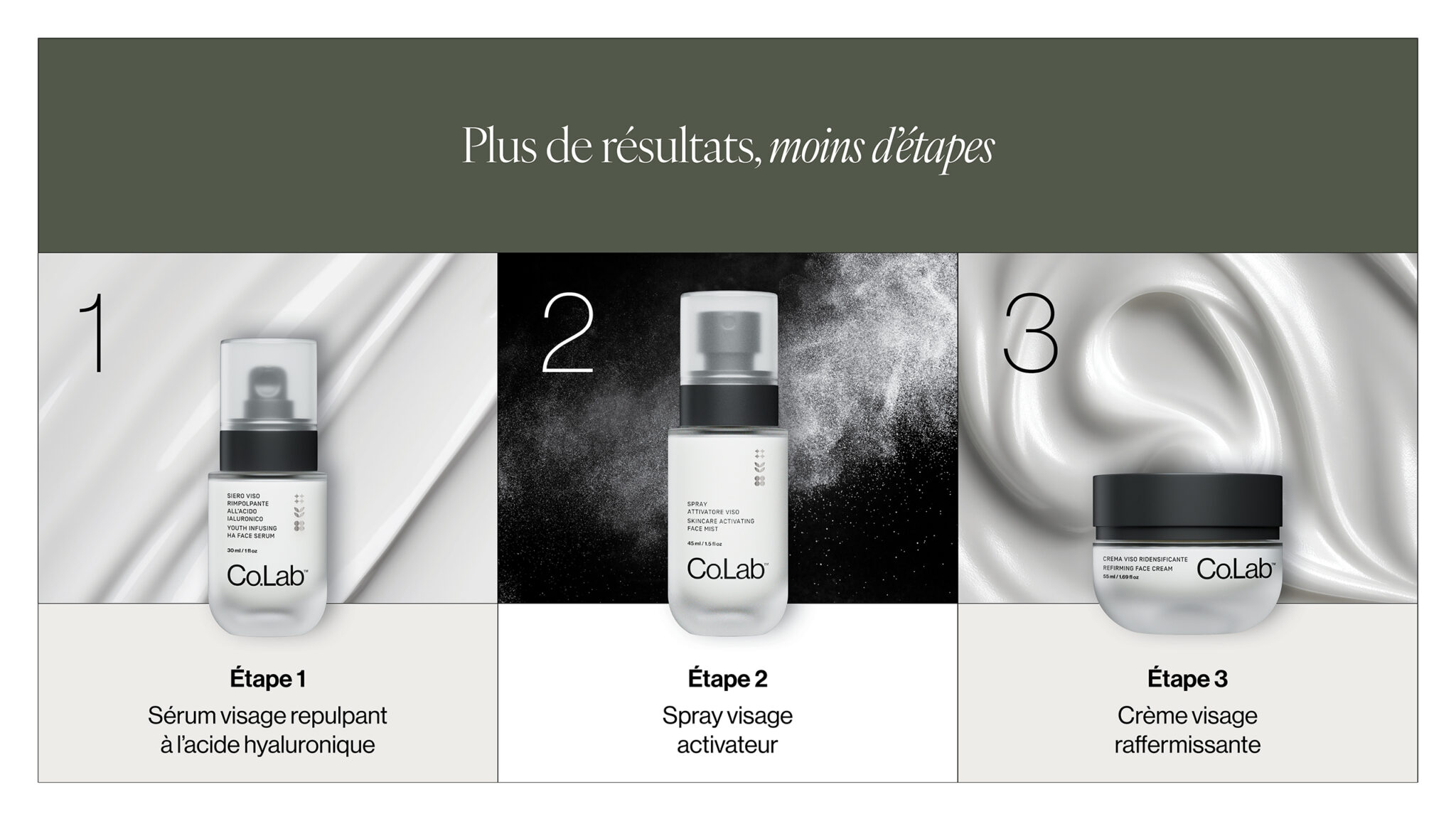 Routine visage Co.Lab™ en 3 étapes avec sérum à l’acide hyaluronique, spray activateur et crème raffermissante