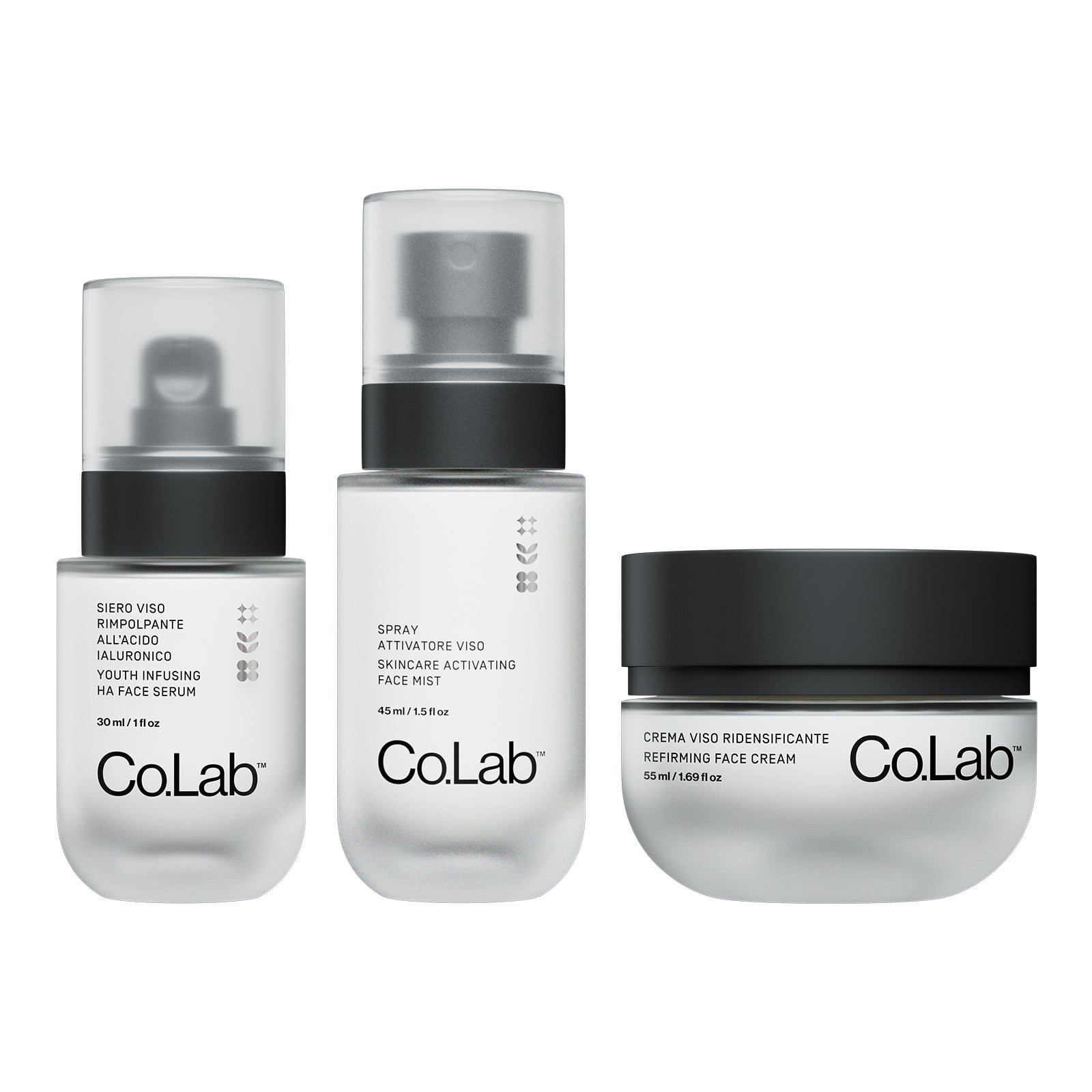 Trio di trattamenti viso Co.Lab™ con siero all’acido ialuronico, spray attivatore e crema rassodante