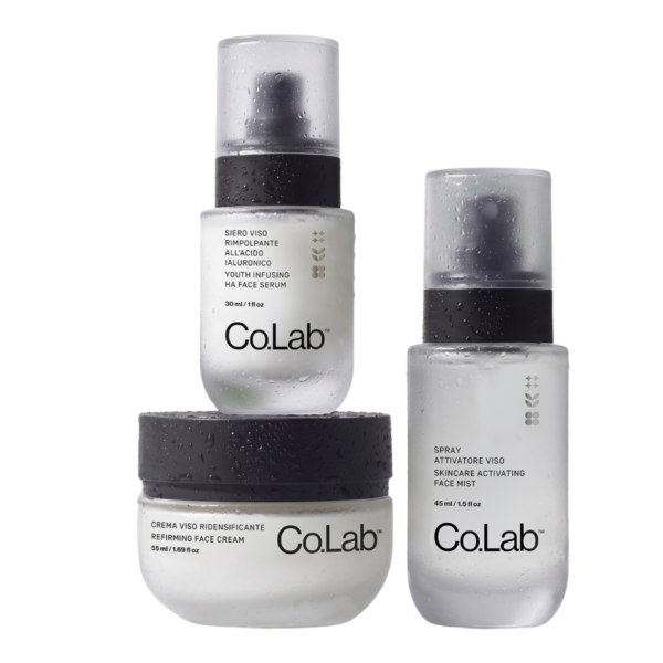 Trío de cuidado facial Co.Lab™: sérum con ácido hialurónico, bruma activadora y crema reafirmante