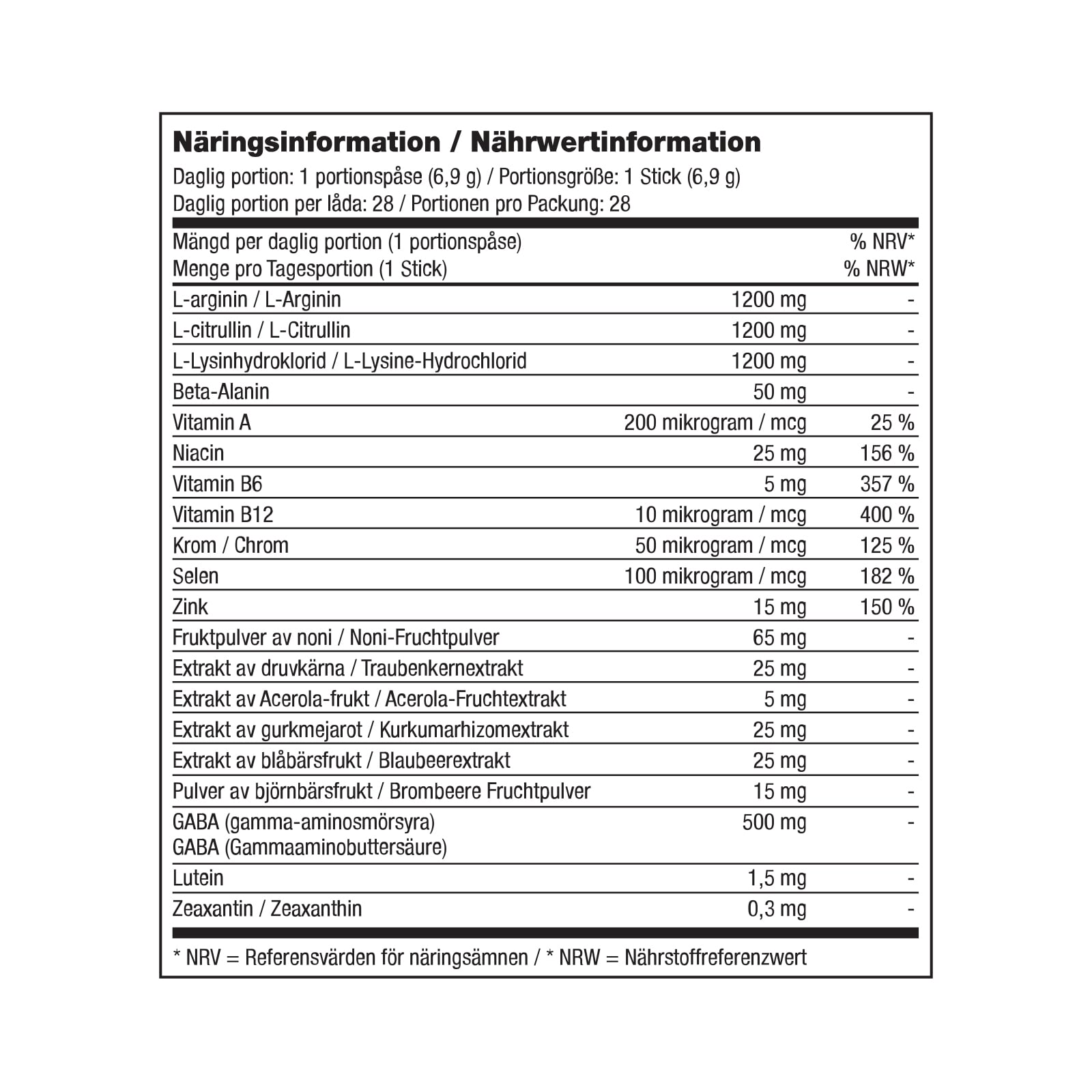 Nährwerttabelle Renew™ Nutrifii – Vitamine, Mineralstoffe, Aminosäuren und Pflanzenextrakte